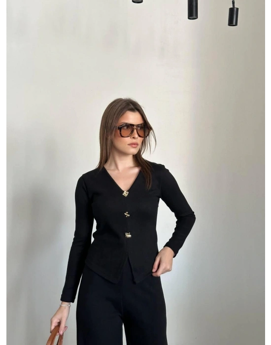 Siyah Düğmeli Fitilli İkili Takım