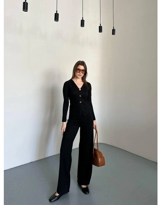 Siyah Düğmeli Fitilli İkili Takım