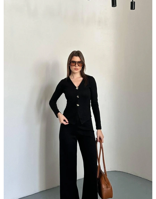 Siyah Düğmeli Fitilli İkili Takım
