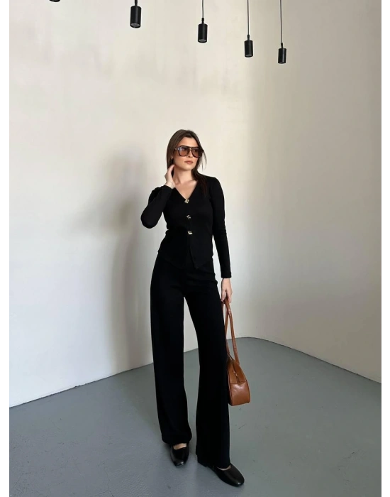 Siyah Düğmeli Fitilli İkili Takım