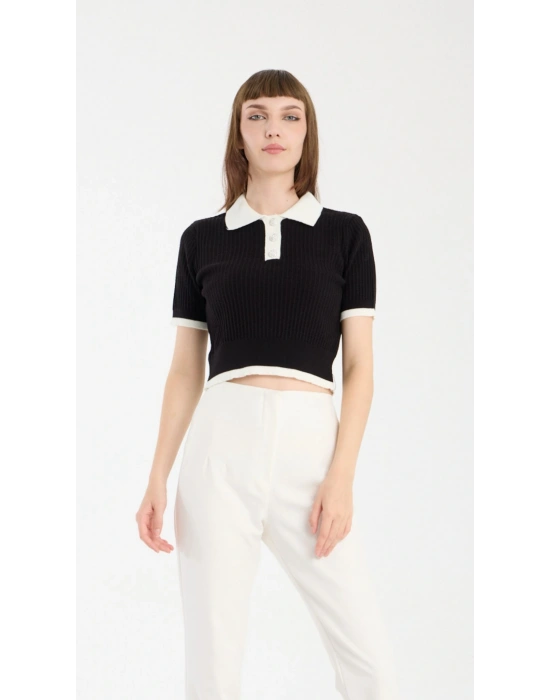 Siyah Kısa Kollu Polo Yaka Kazak