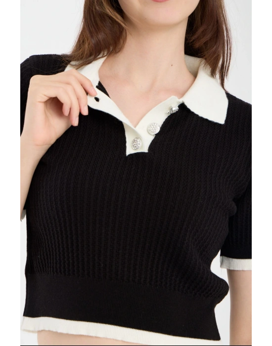 Siyah Kısa Kollu Polo Yaka Kazak