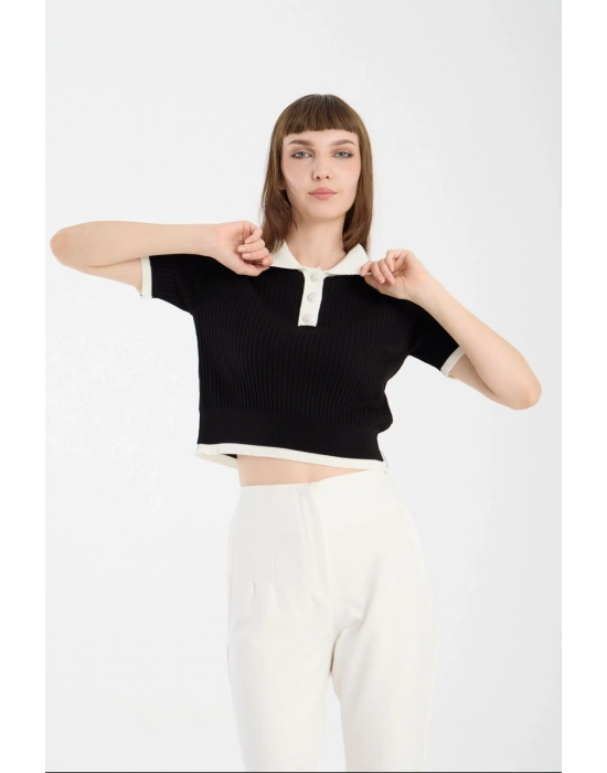 Siyah Kısa Kollu Polo Yaka Kazak