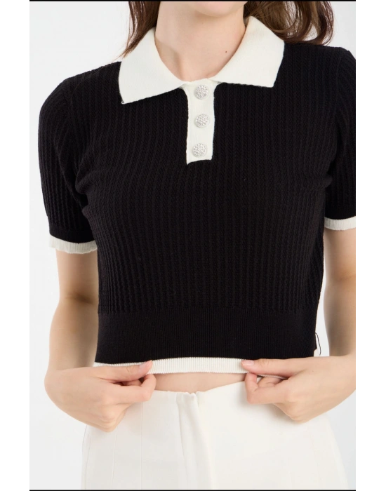 Siyah Kısa Kollu Polo Yaka Kazak