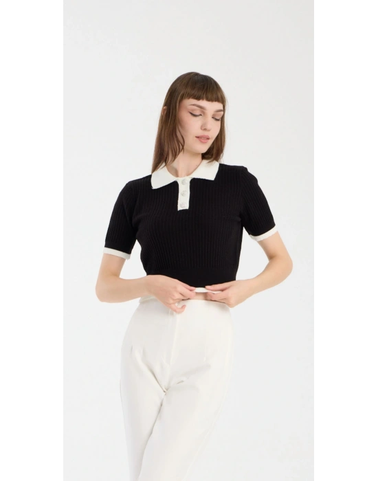 Siyah Kısa Kollu Polo Yaka Kazak