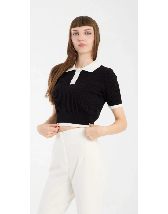 Siyah Kısa Kollu Polo Yaka Kazak