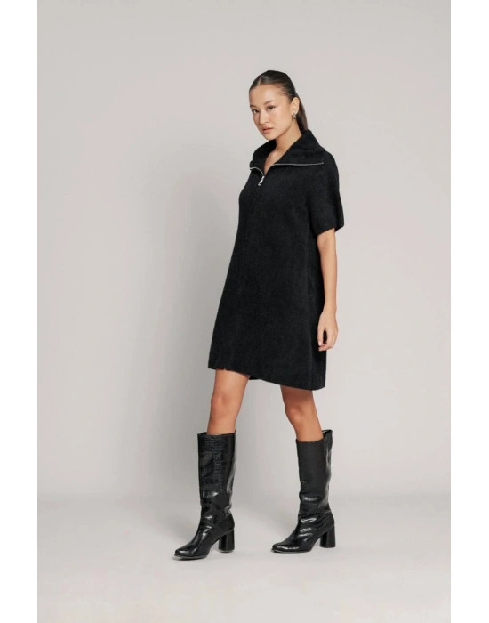 Siyah Sakallı Fermuarlı Elbise