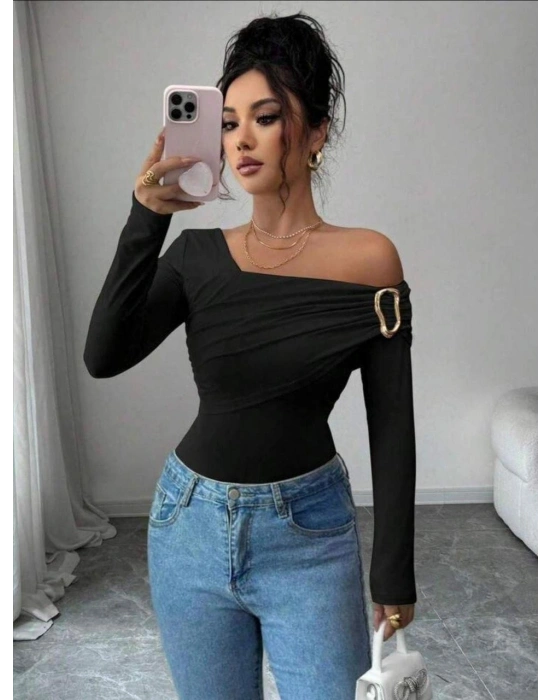 Siyah Tek Omuz Aksesuar Detay Bluz