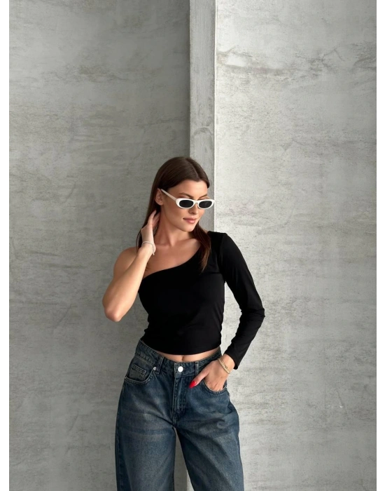 Siyah Tek Omuz Uzun Kollu Bluz