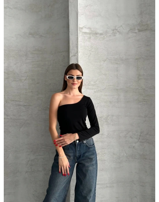 Siyah Tek Omuz Uzun Kollu Bluz