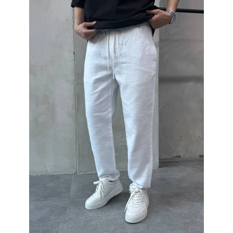 Beyaz Pamuklu Keten Pantalon