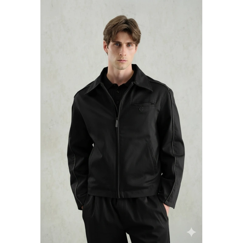 Deri Biyeli Siyah Klasik Takım