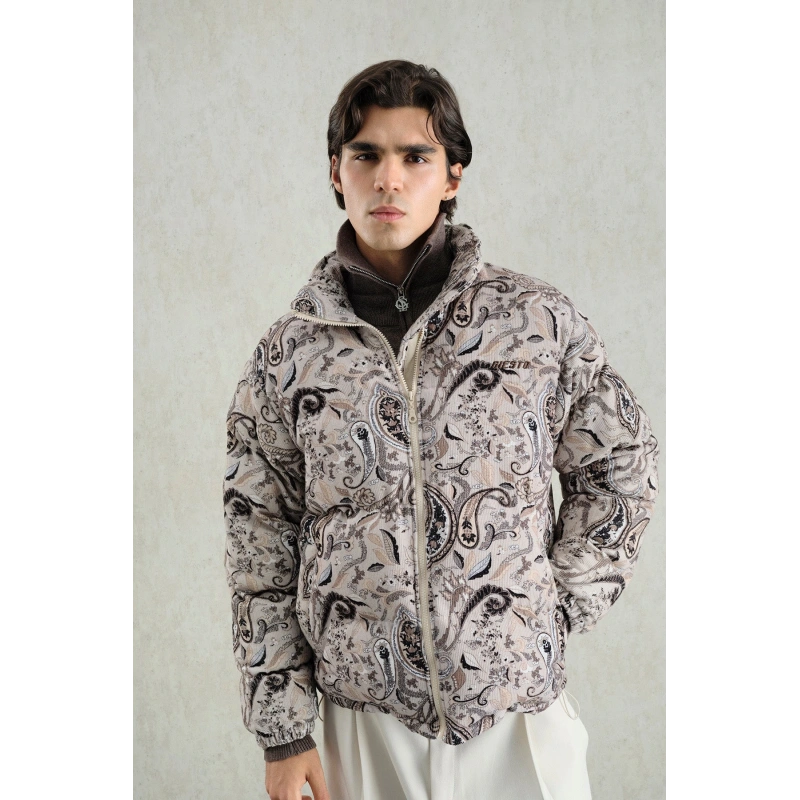 Desenli Bej Kadife Şişme Mont