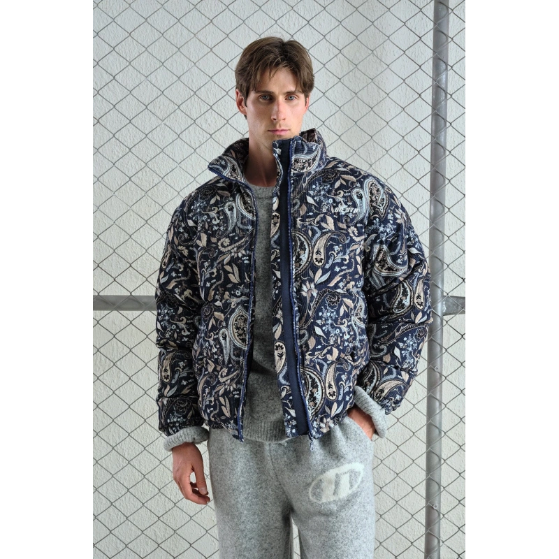 Desenli Lacivert Kadife Şişme Mont