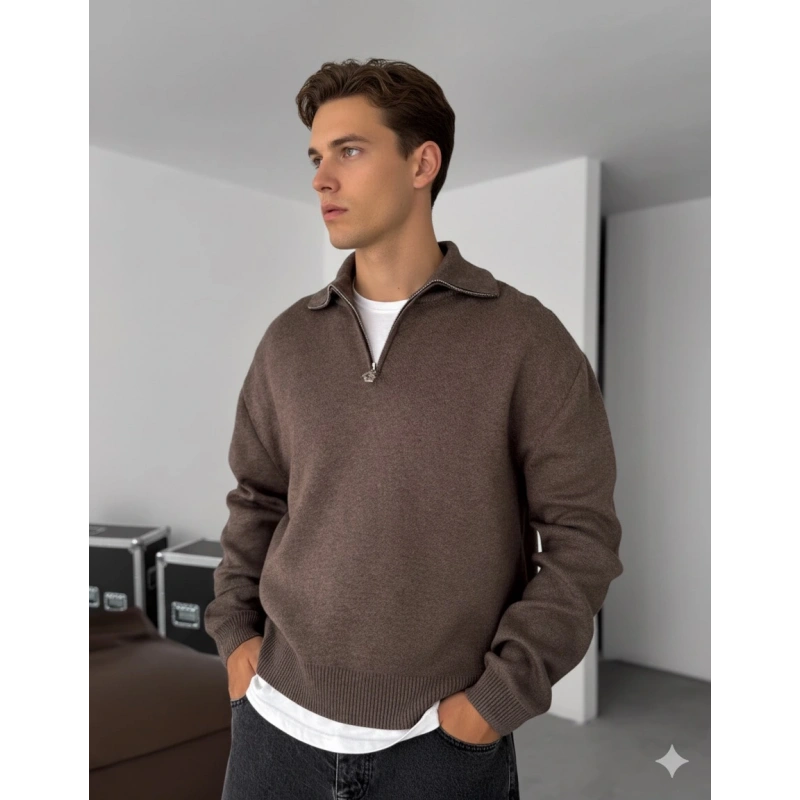 Giesto Kahve Yarım Fermuarlı Triko