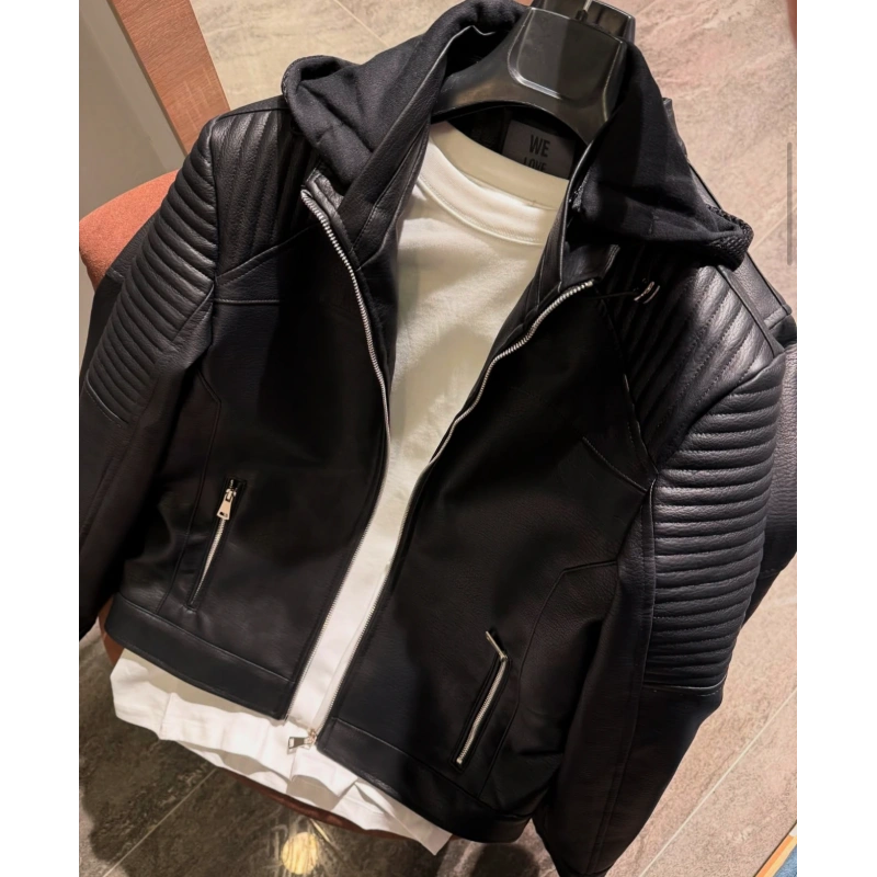 Kapüşonlu Kol Dikiş Detaylı Deri Mont