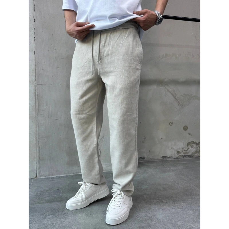 Krem Pamuklu Keten Pantalon