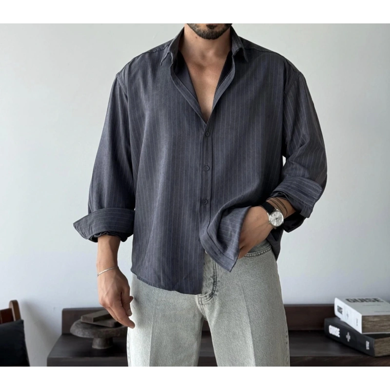 Marco Çizgili Modal Antrasit Gömlek