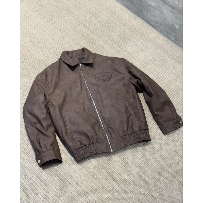 Owersize Kahve Nakışlı Deri Mont