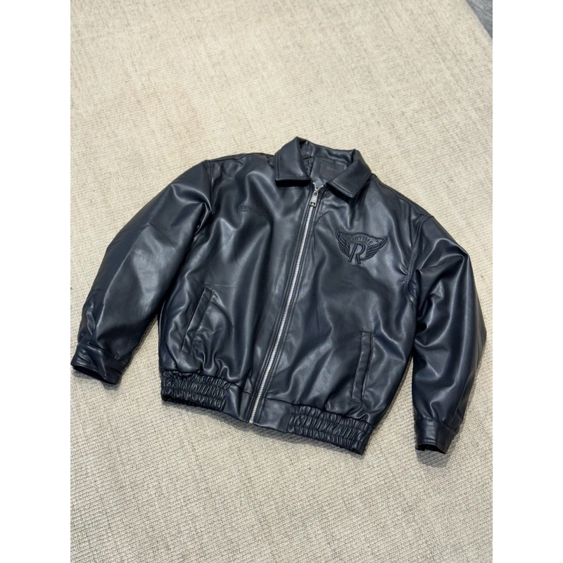 Owersize Siyah Nakışlı Deri Mont