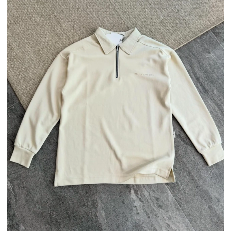 Polo Yaka Yarım Fermuarlı Krem 2 İplik Uzun Kol Sweatshırt 9041