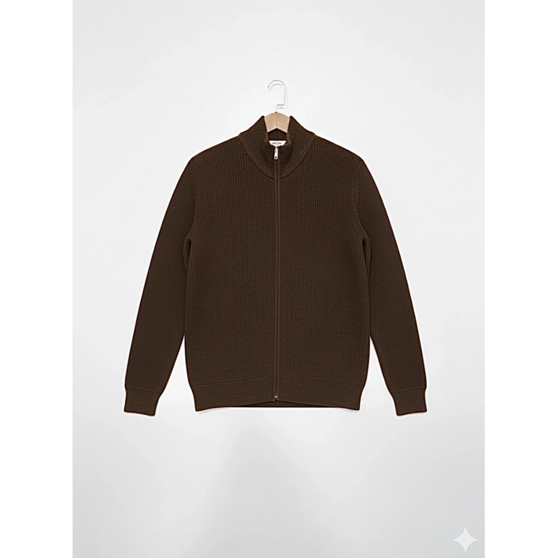 Yün Karışımlı Fermuarlı Kahve Hırka