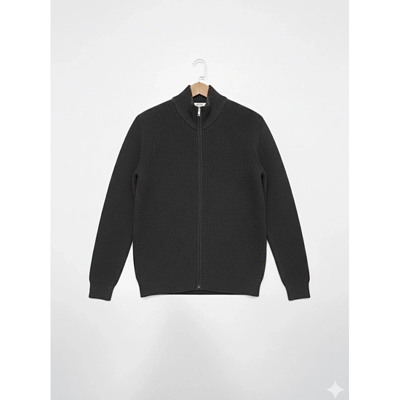 Yün Karışımlı Fermuarlı Koyu Gri Hırka