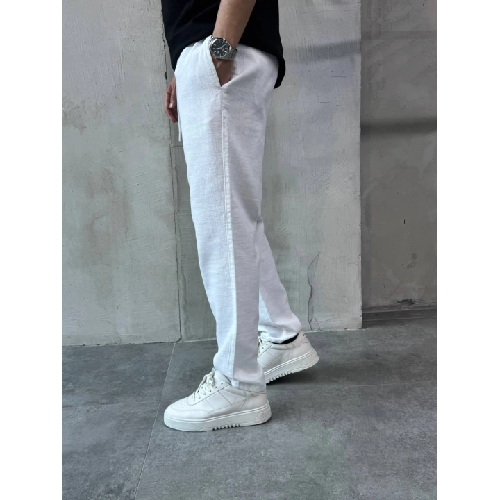 Beyaz Pamuklu Keten Pantalon