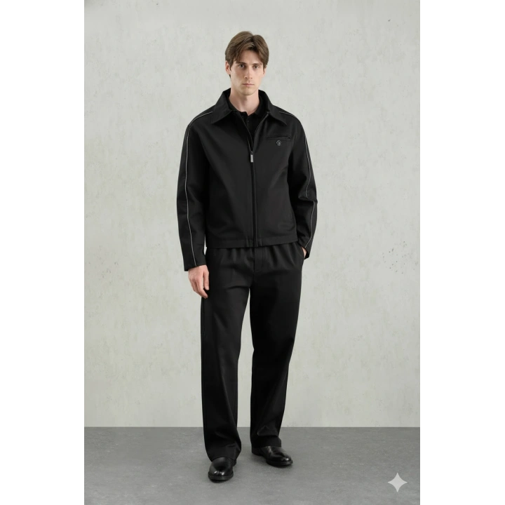 Deri Biyeli Siyah Klasik Takım