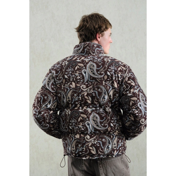 Desenli Bordo Kadife Şişme Mont