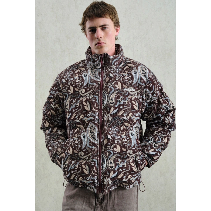 Desenli Bordo Kadife Şişme Mont