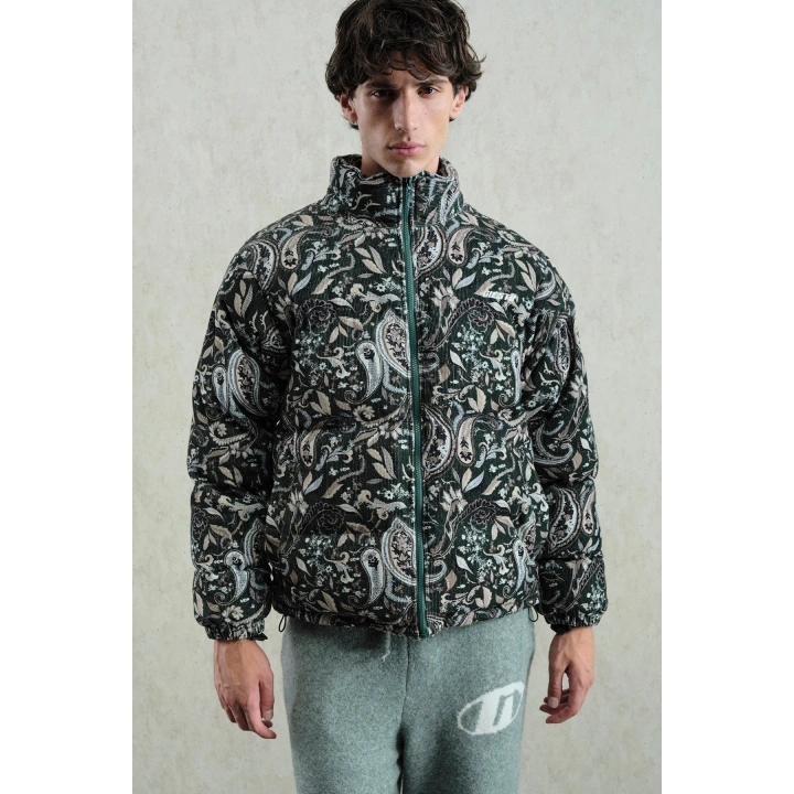 Desenli Haki Kadife Şişme Mont