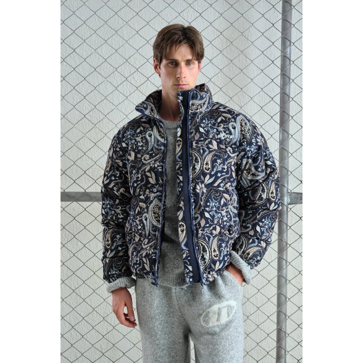 Desenli Lacivert Kadife Şişme Mont