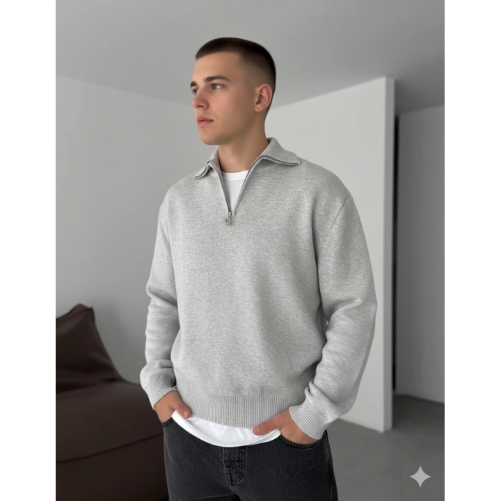 Giesto Açık Gri Yarım Fermuarlı Triko