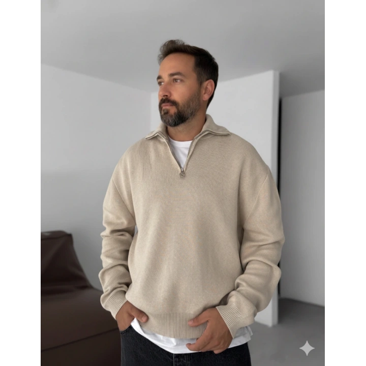 Giesto Bej Yarım Fermuarlı Triko