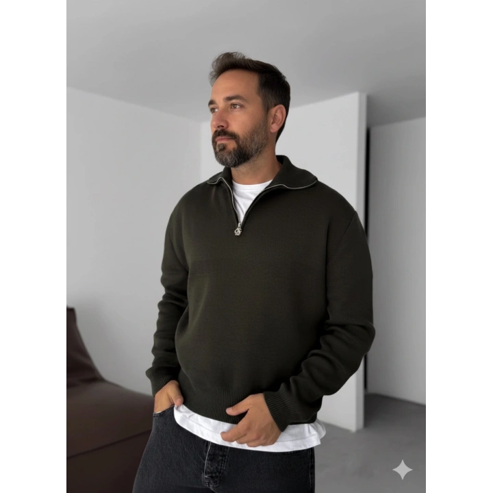 Giesto Haki Yarım Fermuarlı Triko