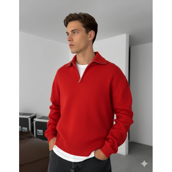 Giesto Kırmızı Yarım Fermuarlı Triko