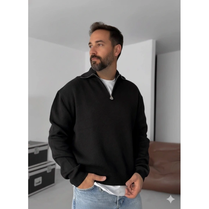 Giesto Siyah Yarım Fermuarlı Triko