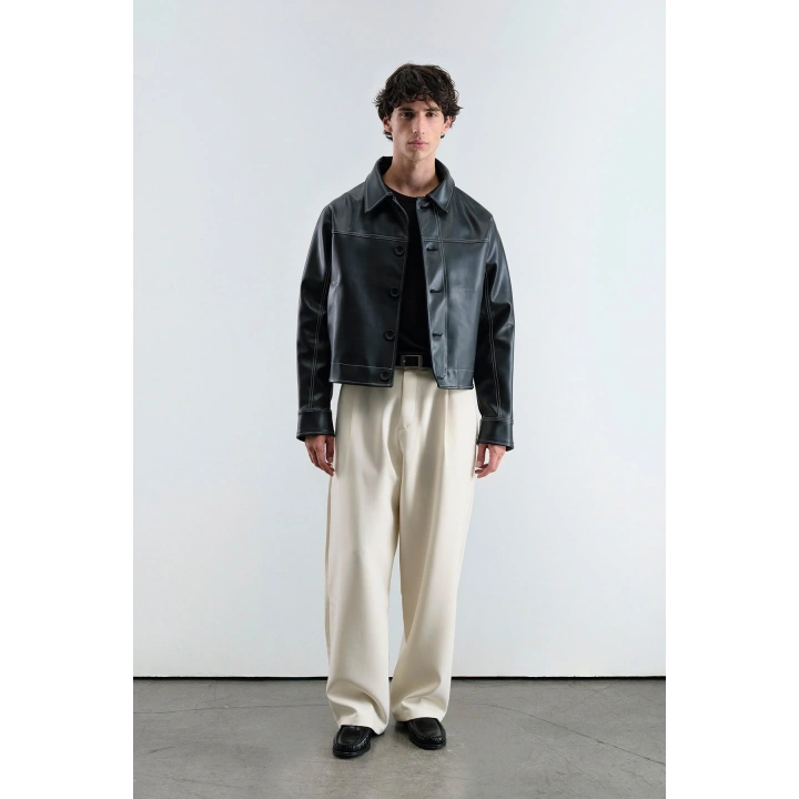 Kontrast Siyah Dikiş Detaylı Deri Ceket