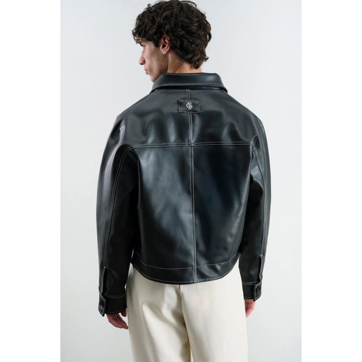 Kontrast Siyah Dikiş Detaylı Deri Ceket