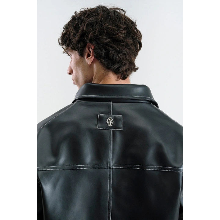 Kontrast Siyah Dikiş Detaylı Deri Ceket