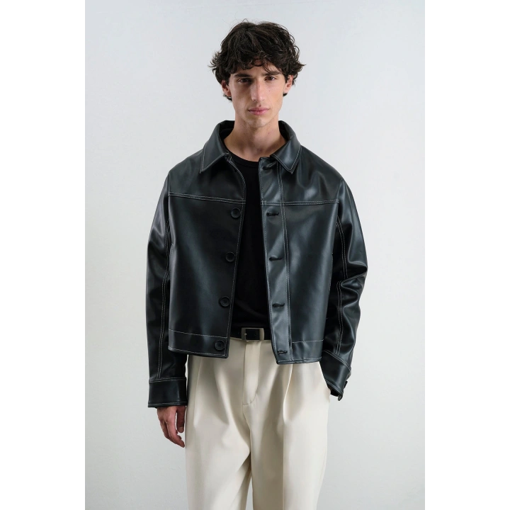 Kontrast Siyah Dikiş Detaylı Deri Ceket