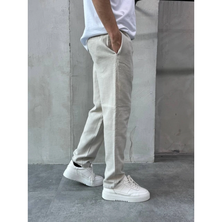 Krem Pamuklu Keten Pantalon