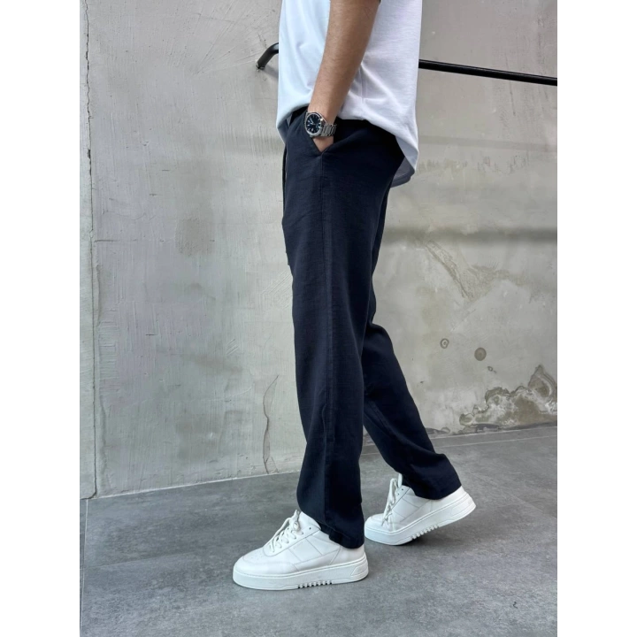 Lacivert Pamuklu Keten Pantalon