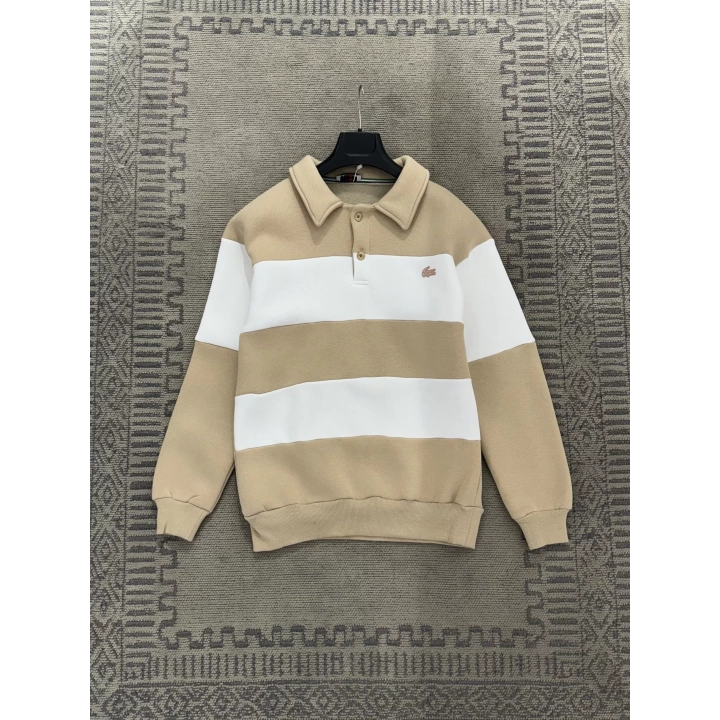 Lacoste Polo yaka krem beyaz sweatshirt