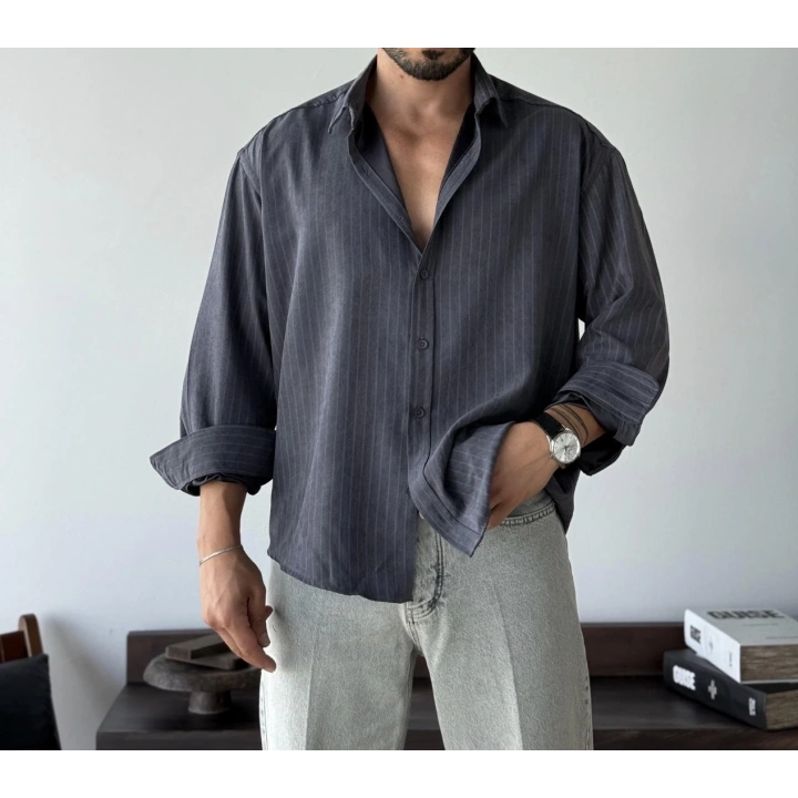 Marco Çizgili Modal Antrasit Gömlek
