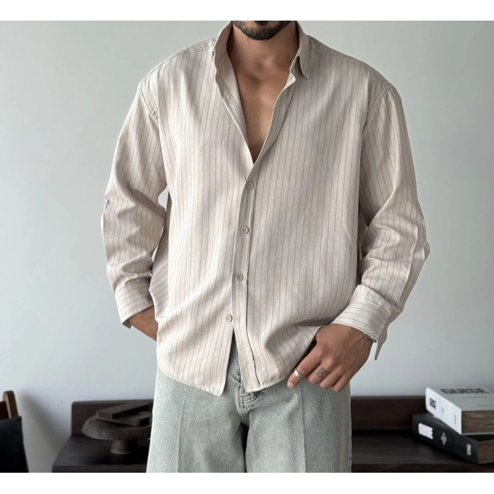 Marco Çizgili Modal Bej Gömlek