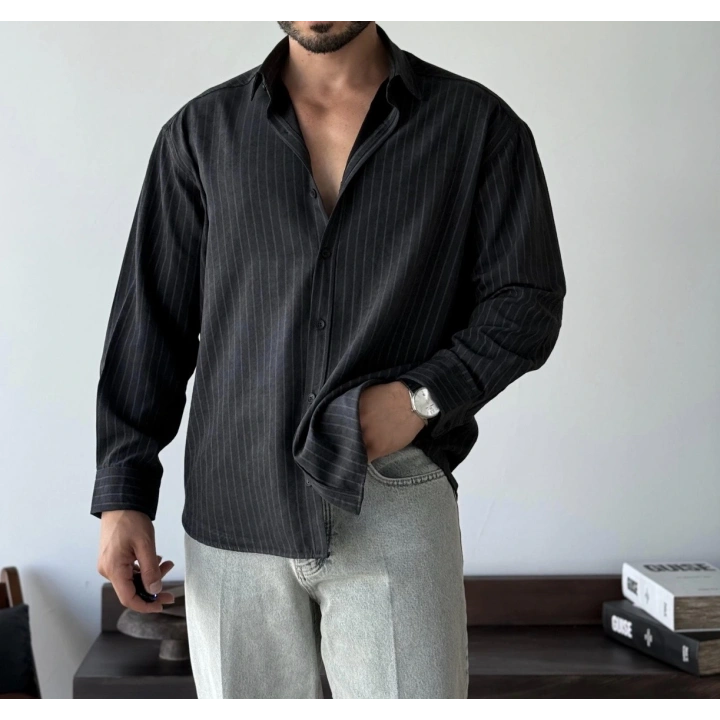 Marco Çizgili Modal Siyah Gömlek