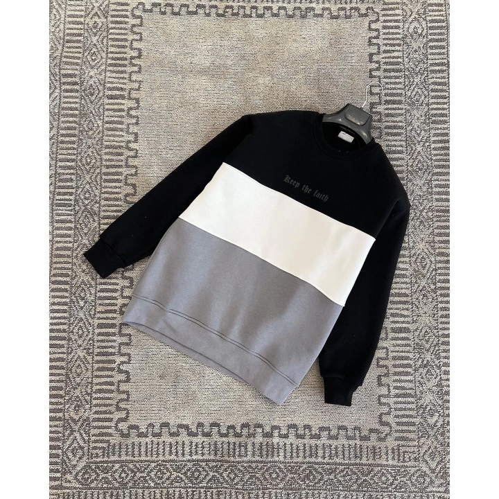 Parçalı Siyah Beyaz Gri Üç İplik Sweatshirt