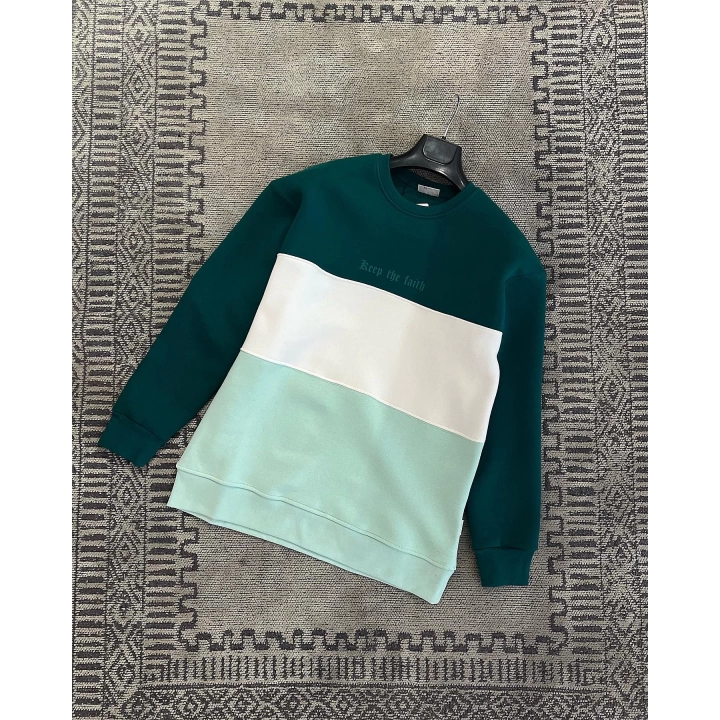 Parçalı Yeşil Beyaz Su Yeşili Üç İplik Sweatshirt